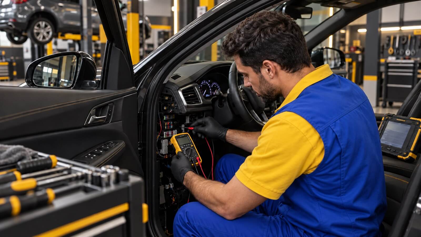 Técnico verificando o sistema elétrico do veículo