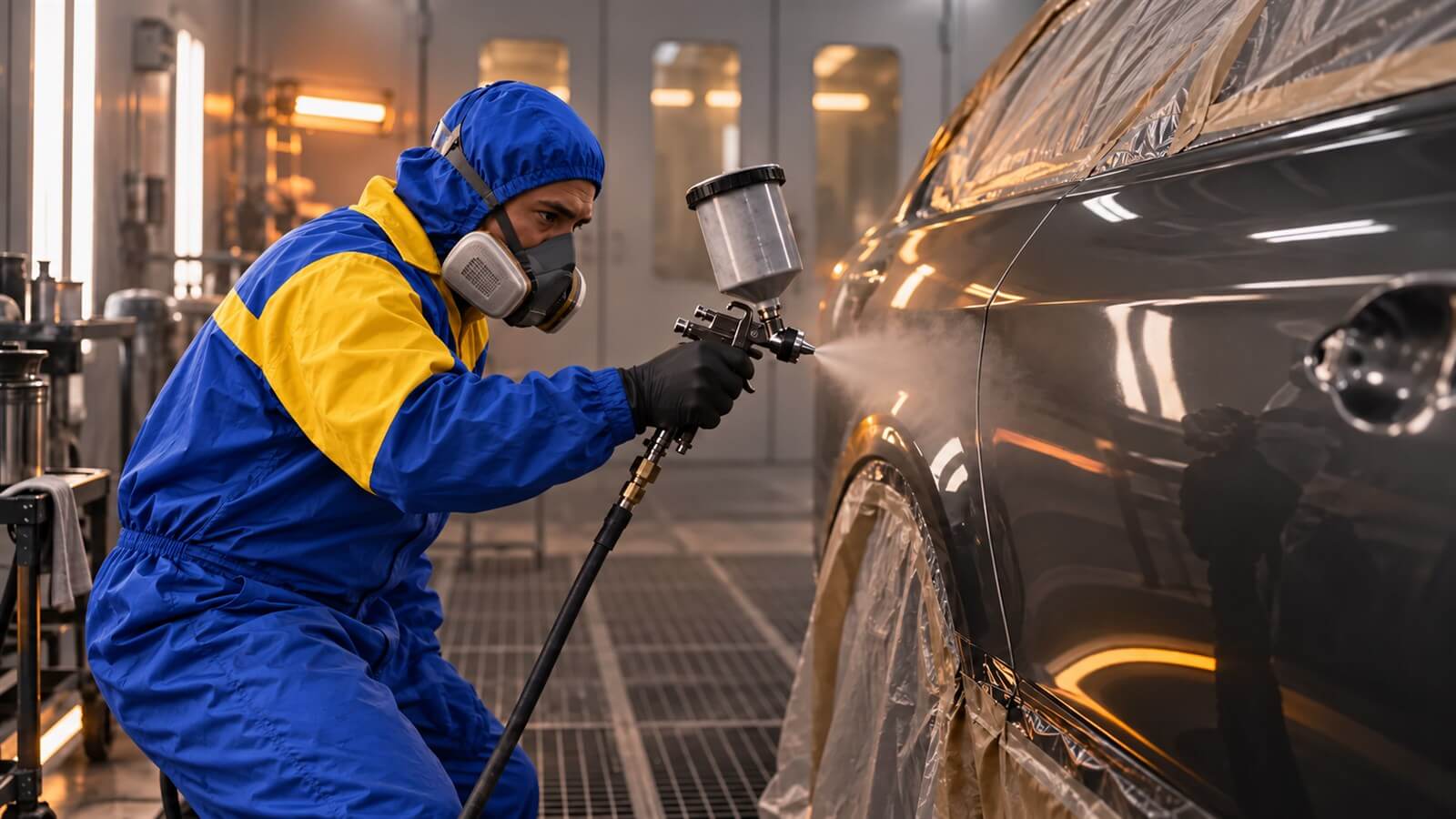 Profissional trabalhando no acabamento da pintura automotiva