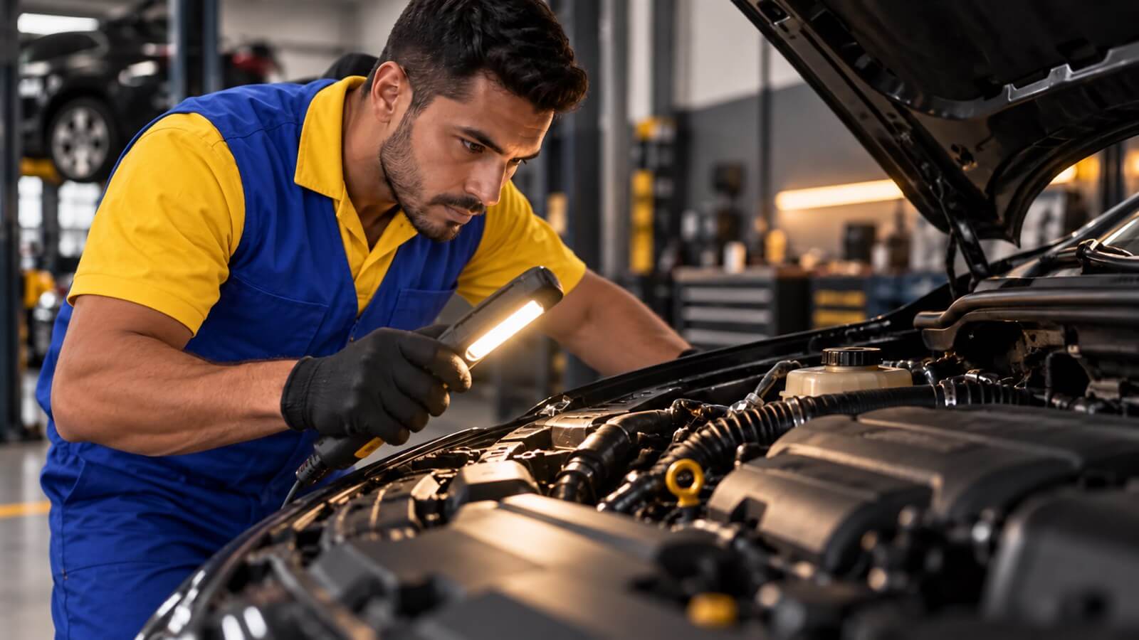 Mecânico avaliando o compartimento do motor
