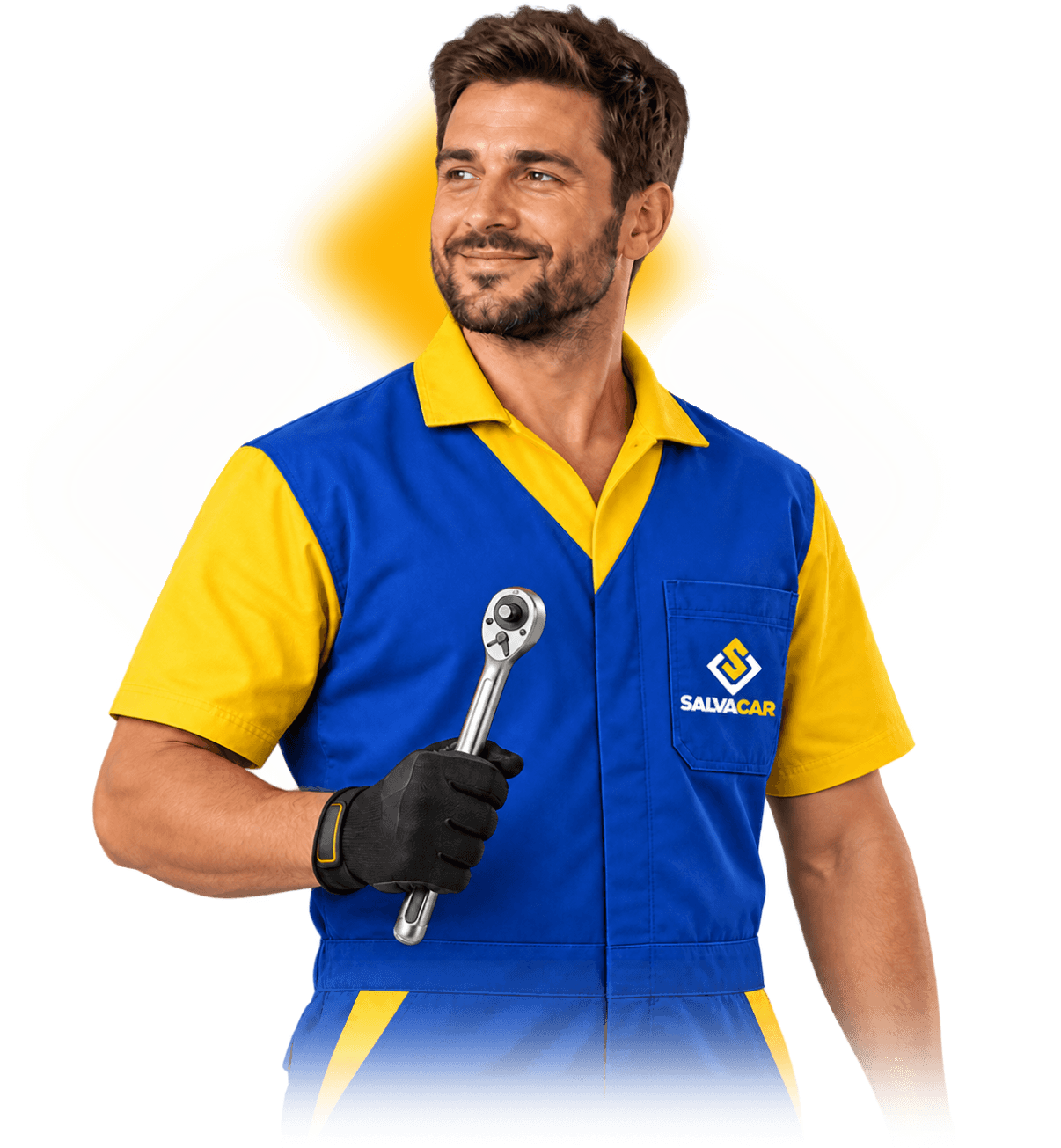 Imagem ilustrativa de mecânico com ferramenta, enquadrado da cintura para cima