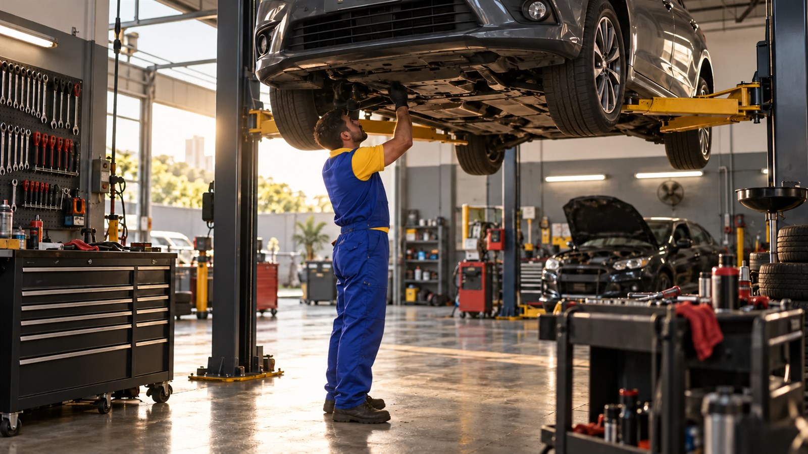 Veículo em atendimento numa oficina automotiva; imagem ilustrativa